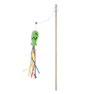 Interactive wooden cat teaser wand with a plush fish and colorful silk ribbons.