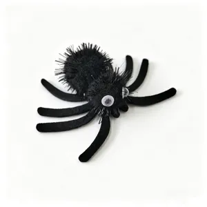 Detailed macro shot of a black fuzzy Halloween spider cat toy with realistic googly eyes