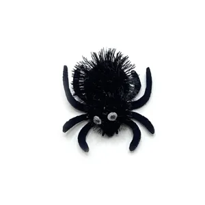 Detailed top view of a black plush Halloween spider cat toy featuring large googly eyes