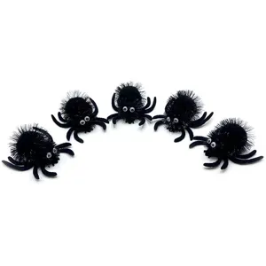 Detailed view of five black fuzzy Halloween spiders with googly eyes