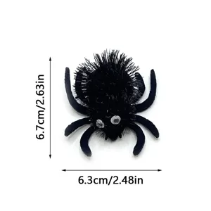 Detailed close-up of a plush black Halloween spider cat toy showing 6.7cm by 6.3cm dimensions.