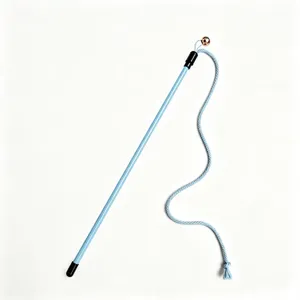 Close-up detail of the durable cotton rope and small bell on the light blue cat teasing wand.