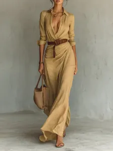 Women's Casual Long Sleeve Shirt Collar Single-Breasted High Waist Slim Fit Irregular Pleated Split Long Maxi Dress