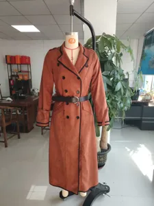 Women suede long trench coat winter lapel double breasted casual outerwear with belt.