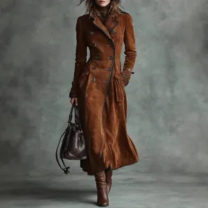Women Brown Suede Long Trench Coat Vintage Lapel Double Breasted Outerwear Autumn Winter