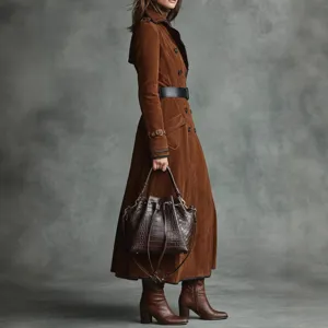 Detailed view of the women's brown suede trench coat showing lapel and long design.