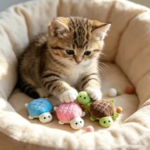 Detail shot of cute plush turtle cat toys with kitten playing inside a soft cozy pet bed.