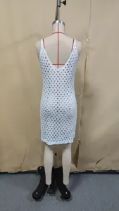 White knit hollow beach dress, sleeveless strap swimsuit cover up for women, sexy summer crochet.