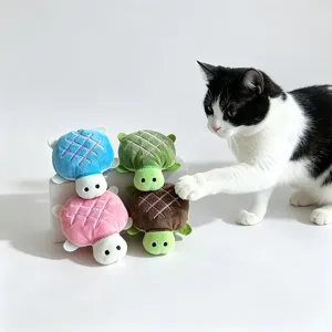 Cute turtle plush cat toy detail shot showing crinkle paper sound and catnip for playful pets.