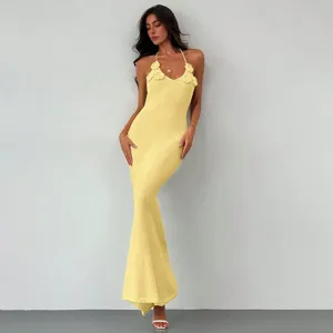 Women yellow knit halter long dress with 3d floral detail elegant beach wear party maxi gown