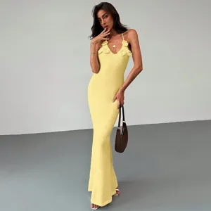 Yellow knit halter long dress detail with crochet floral neckline and slim fit silhouette beachwear