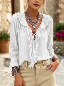 Women Casual V-Neck Long Sleeve Ruffle Lace-Up Flare Sleeve Pleated Solid Color Blouse Chic Fashion Spring Top