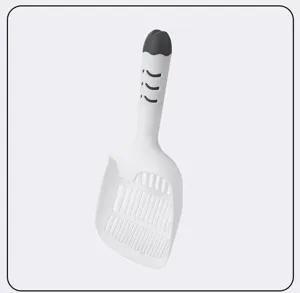 Detailed view of large white plastic cat litter scoop with grey handle and sifting slots.