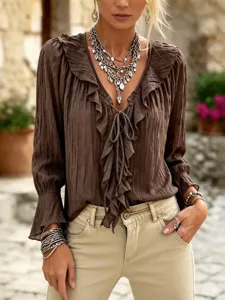 Womens brown ruffle tie V-neck blouse, pleated long sleeve flare top for daily casual style.
