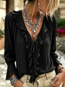 Ruffled lace-up bell-sleeve pleated long-sleeve V-neck top for women fashionable daily wear