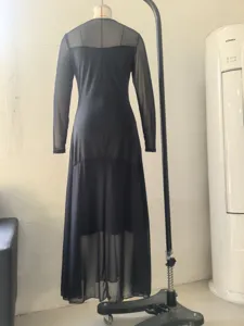 Back view of a black long sleeve mesh patchwork maxi dress, elegant slim fit evening gown.
