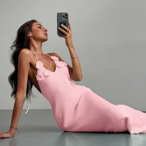Pink 3D floral knit strap midi dress, sexy backless beach cover-up and summer slip dress.