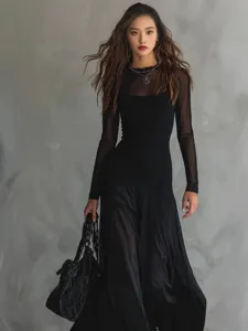 Black mesh spliced long sleeve dress for women, elegant fashion main product view style.