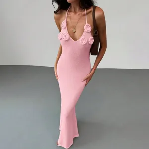 Pink knit halter beach dress with crochet flowers, sexy sleeveless long cover up for women.