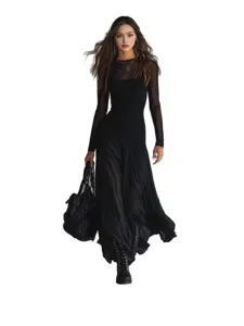 Women black long sleeve mesh splicing maxi dress elegant gothic style main product image