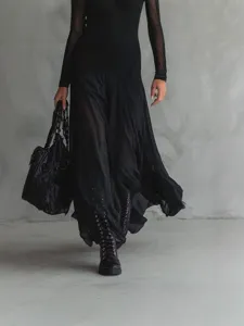 Black mesh spliced long sleeve dress gothic style elegant women apparel main product shot