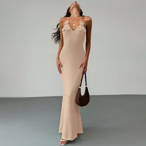 Beige knit halter maxi dress with 3D floral V-neck, stylish elegant beach cover-up.