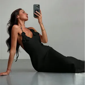 Solid color sexy 3d floral halter crochet maxi beach dress swimwear cover-up for women.