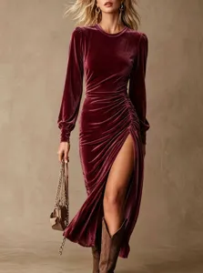 Velvet long sleeve high slit dress detail shot showing exquisite texture and elegant waist design.
