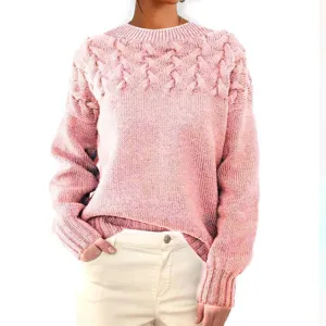 Pull en maille tressée rose pour femme, haut décontracté à manches longues pour le quotidien.