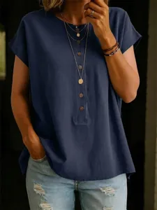 Solid color casual women's short sleeve t-shirt with button front detail and comfortable fit.