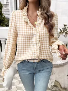 Damen karierte Bluse mit Stehkragen und Rüschen Langarm, modisches Frühlingsshirt.