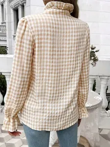 Damen Langarm Karobluse mit Stehkragen Rüschen, stylisches Frühlingsmode Oberteil.