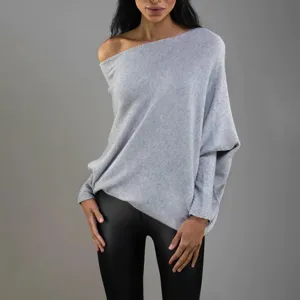 Femme gris epaule denudee manches longues pull en tricot ample chic decontracte top