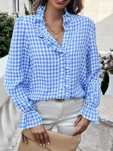 Damen Langarm blau weiß karierte Bluse mit elegantem Stehkragen und Rüschen Knopfleiste.