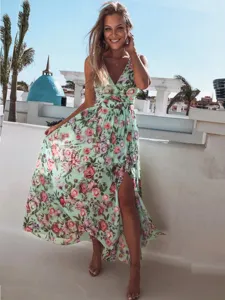 Maxi Φόρεμα από Σιφόν με Φλοράλ Σχέδιο V Λαιμόκοψη Αμάνικο Σχισμή Παραλία Καλοκαίρι