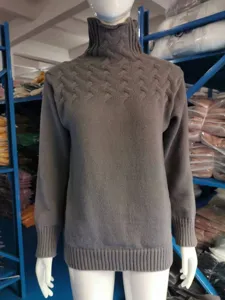 Femme gris col haut roulé manches longues pull tricot tresses hiver chaud haut top