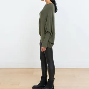 Automne hiver couleur unie col rond manches longues pull tricot chauve-souris élégant haut