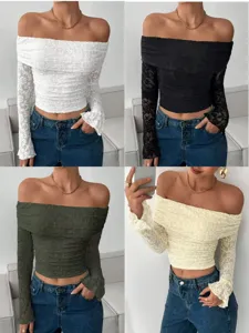 Blouse Slim Fit Casual à Manches Longues en Dentelle Florale Sexy Hors Épaules Col Bateau Dos Nu pour Femmes