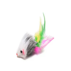 Plush mouse cat toy with colorful feathers, perfect interactive toy for your lovely pets play.
