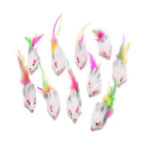 Plush feather mouse cat toy detailed view, colorful tail fluffy interactive pet supplies.