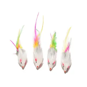 Close-up of plush feather mice cat toys detail view, fluffy interactive kitten toys set.