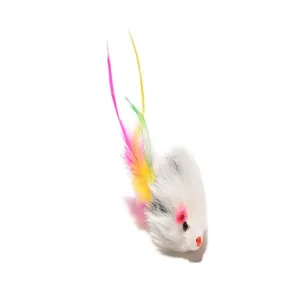 Detailed view of the cute cat toy plush mouse with colorful feathers for pet entertainment.