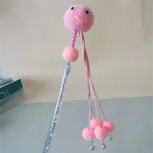 Interactive cat teaser wand with plush pom poms and bell, cute pet supply toy for daily play.