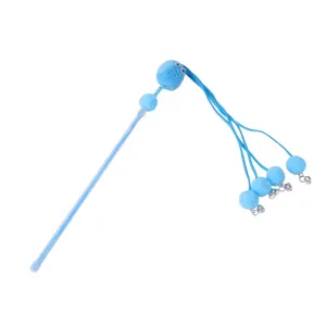 Blue interactive cat teaser stick with plush balls and bells for pet play and daily fun.