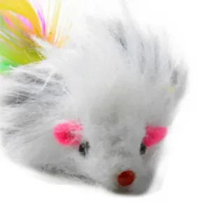 Plush feather mouse cat toy with colorful tail for interactive indoor pet play and boredom relief.