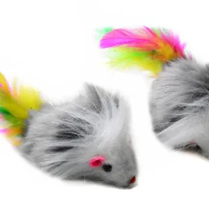 Fluffy plush cat toy mouse with colorful feather tail, perfect for interactive pet play.