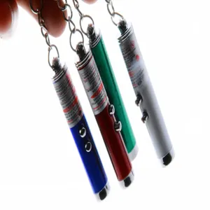 Vue détaillée du jouet laser coloré pour chat portable avec un anneau de porte-clés.