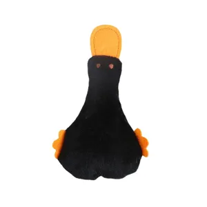 Cute black plush duck pet toy with orange bill and feet, great interactive cat and dog toy.