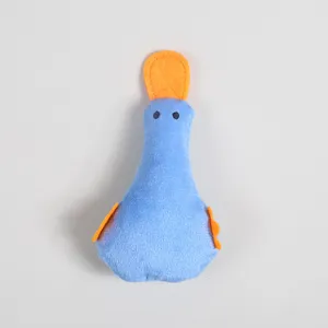 Detailed view of blue plush duck pet toy featuring orange beak, soft fabric for cats and dogs.
