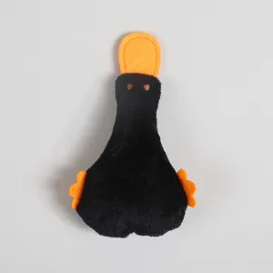 Detailed view of cute black duck plush cat toy with orange bill for pets and cats.